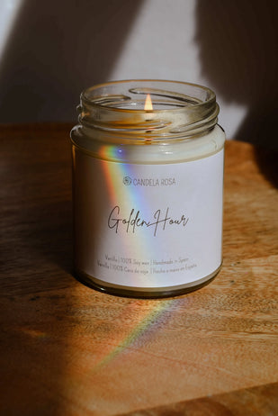 vela golden hour vela aromática de vainilla vela de cera de soja tienda de velas vela artesanal españa candela rosa marca registrada 