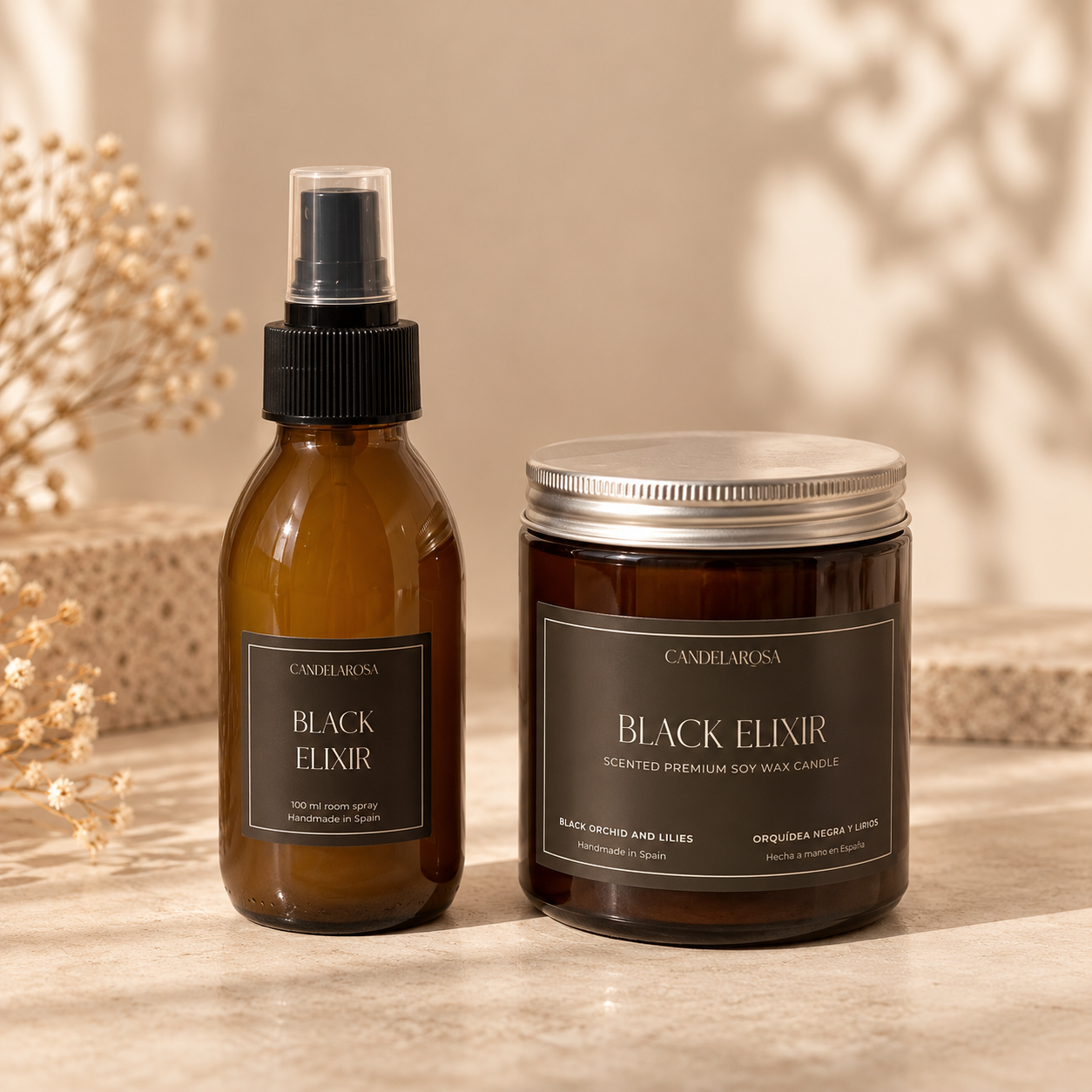 Pack vela aromática artesanal y ambientador hogar en spray Candela Rosa