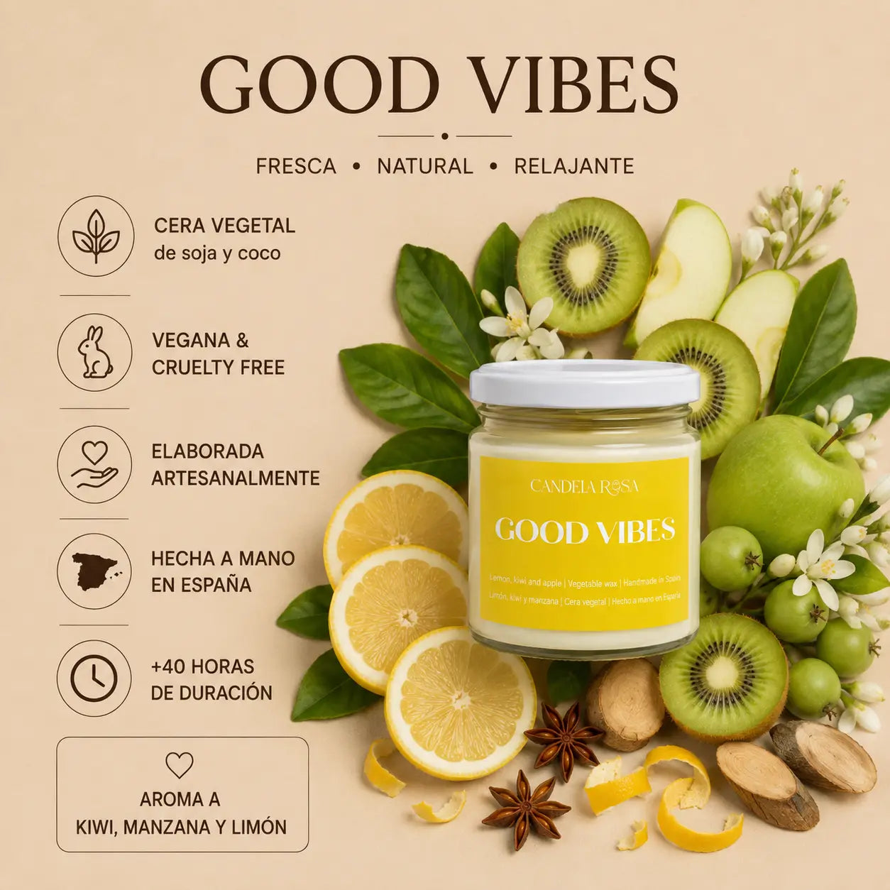Vela aromática limón, kiwi y manzana - Good Vibes