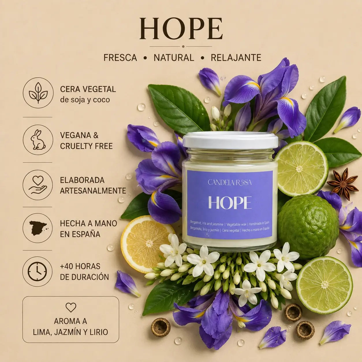 Vela aromática bergamota, flor de iris y jazmín - Hope