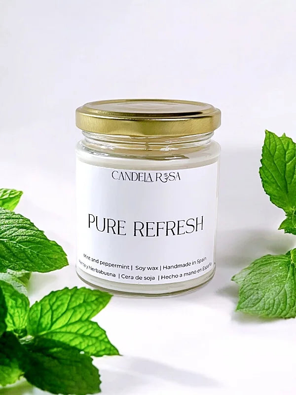 Pure Refresh: vela aromática artesanal menta y hierbabuena , vela sin ftalatos, sin parabenos, fragancias IFRA , vela refrescante , vela para estudiar , velas veganas