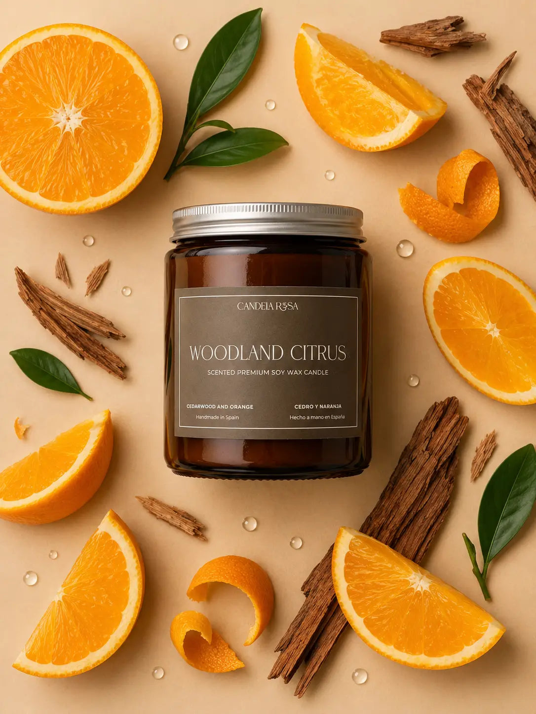 Vela Woodland citrus aroma a naranja y cedro premium Candela Rosa