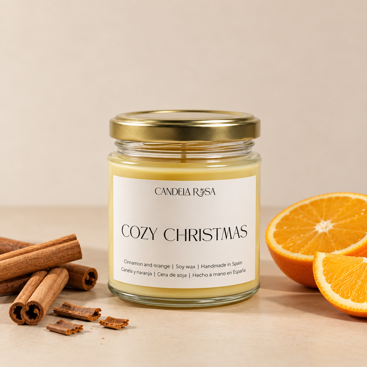 Cozy Christmas: vela aromática canela y naranja Candela Rosa