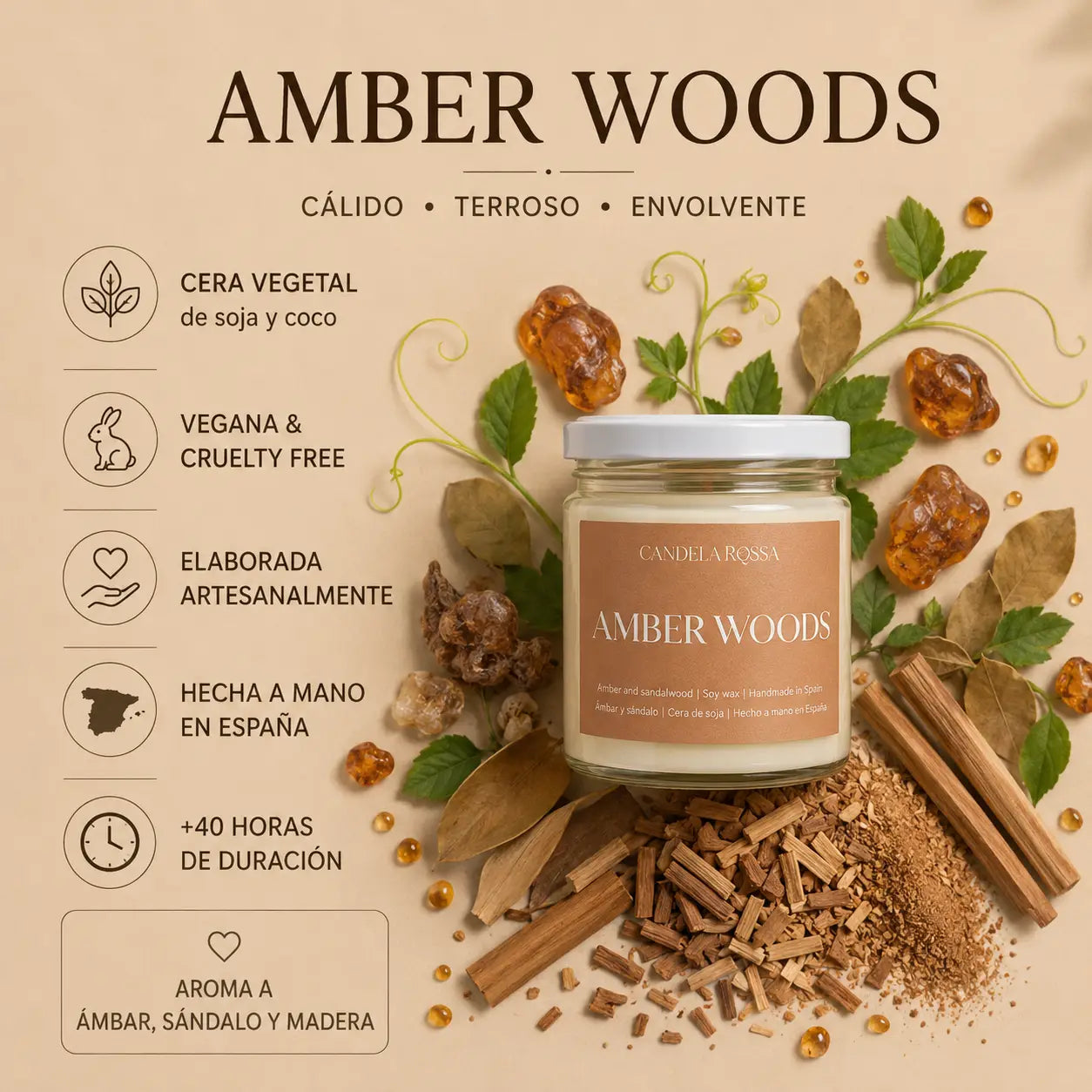 Vela aromática artesanal ámbar y sándalo | Amber Woods