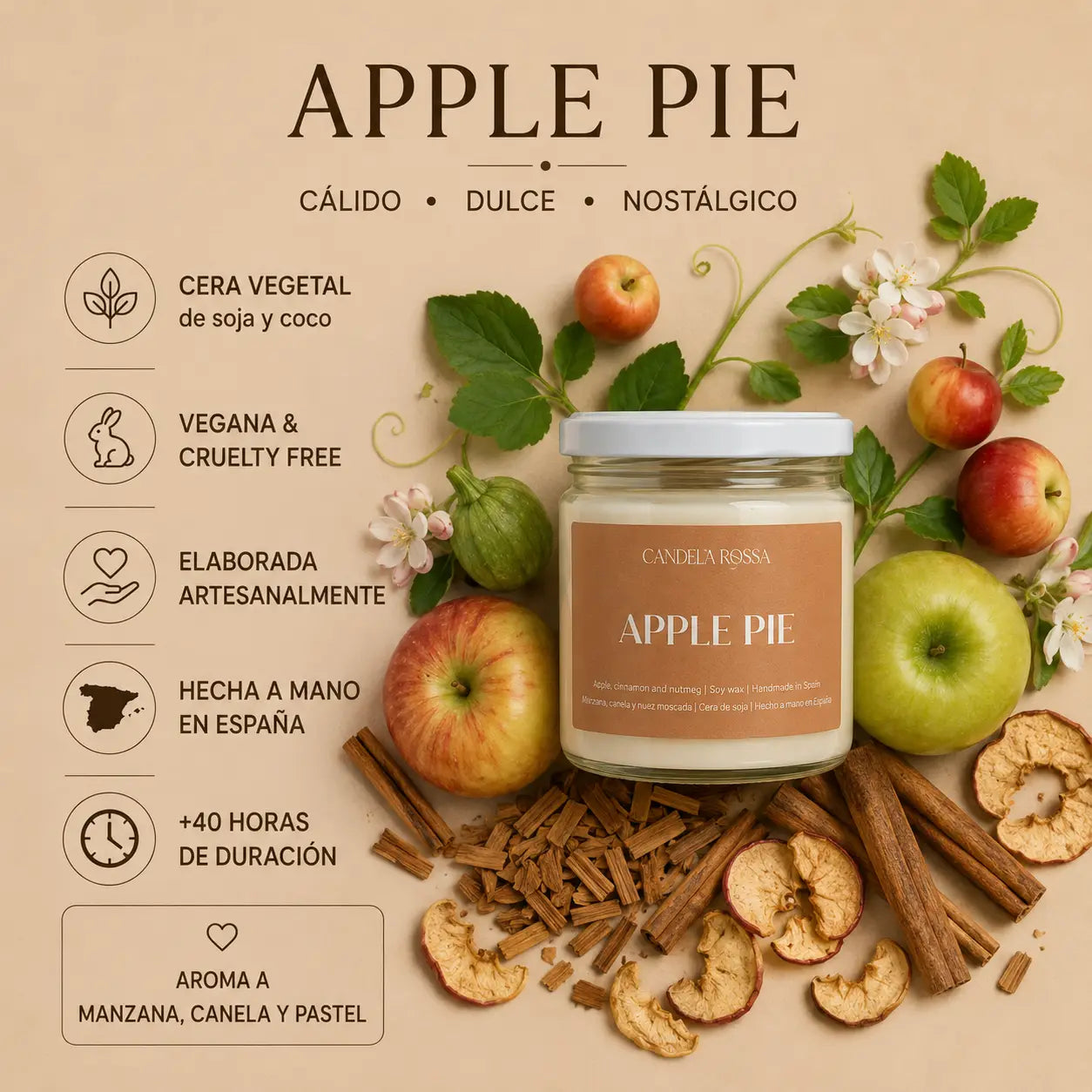 Vela aromática artesanal manzana y canela | Apple Pie