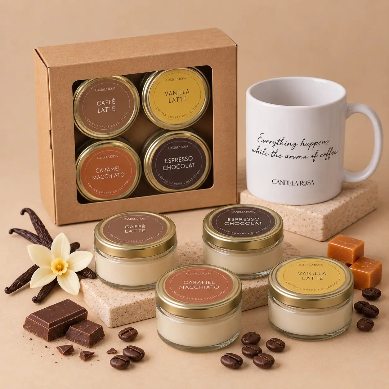 Coffee Lovers: 4 velas aromáticas de café y taza Candela Rosa