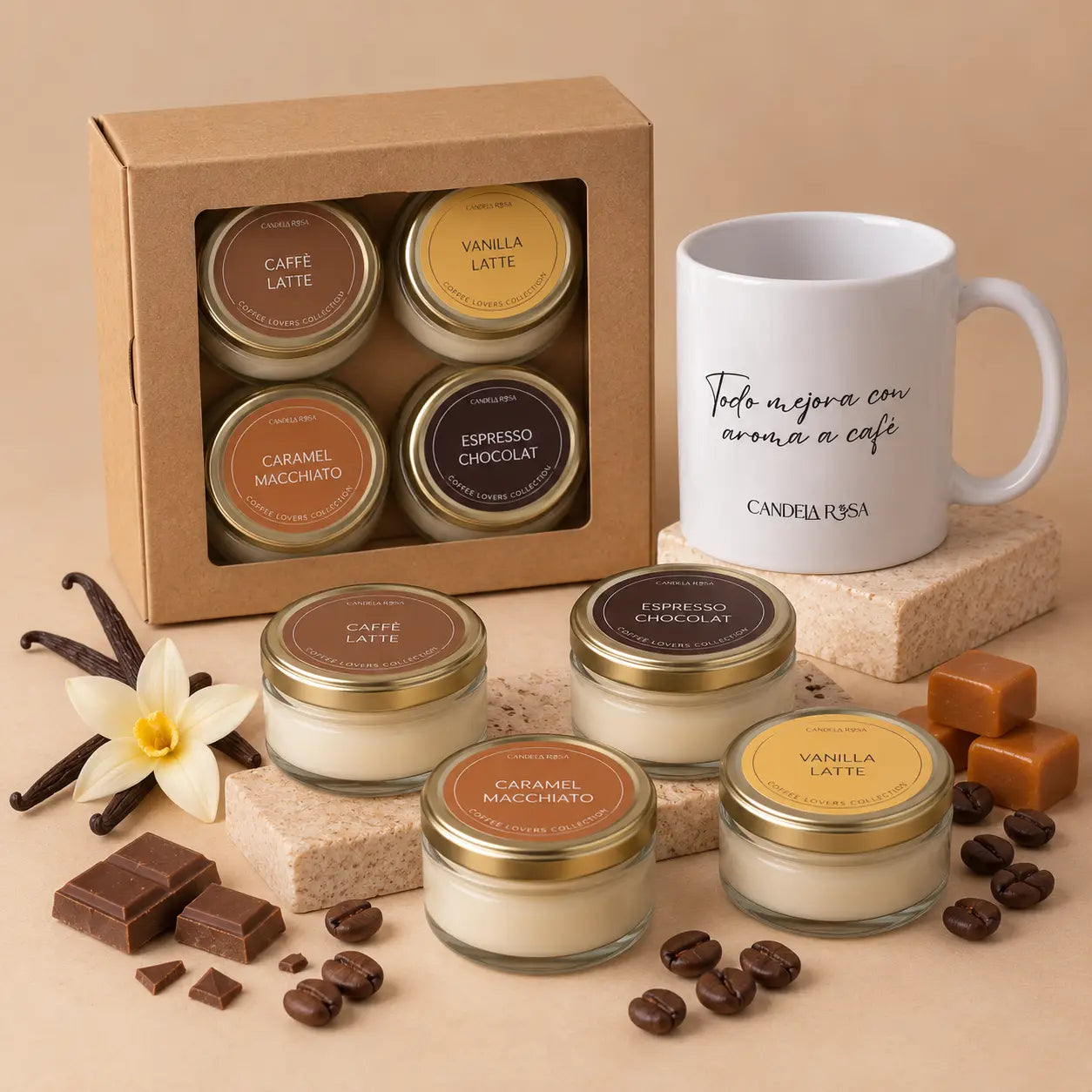 Coffee Lovers: 4 velas aromáticas de café y taza Candela Rosa