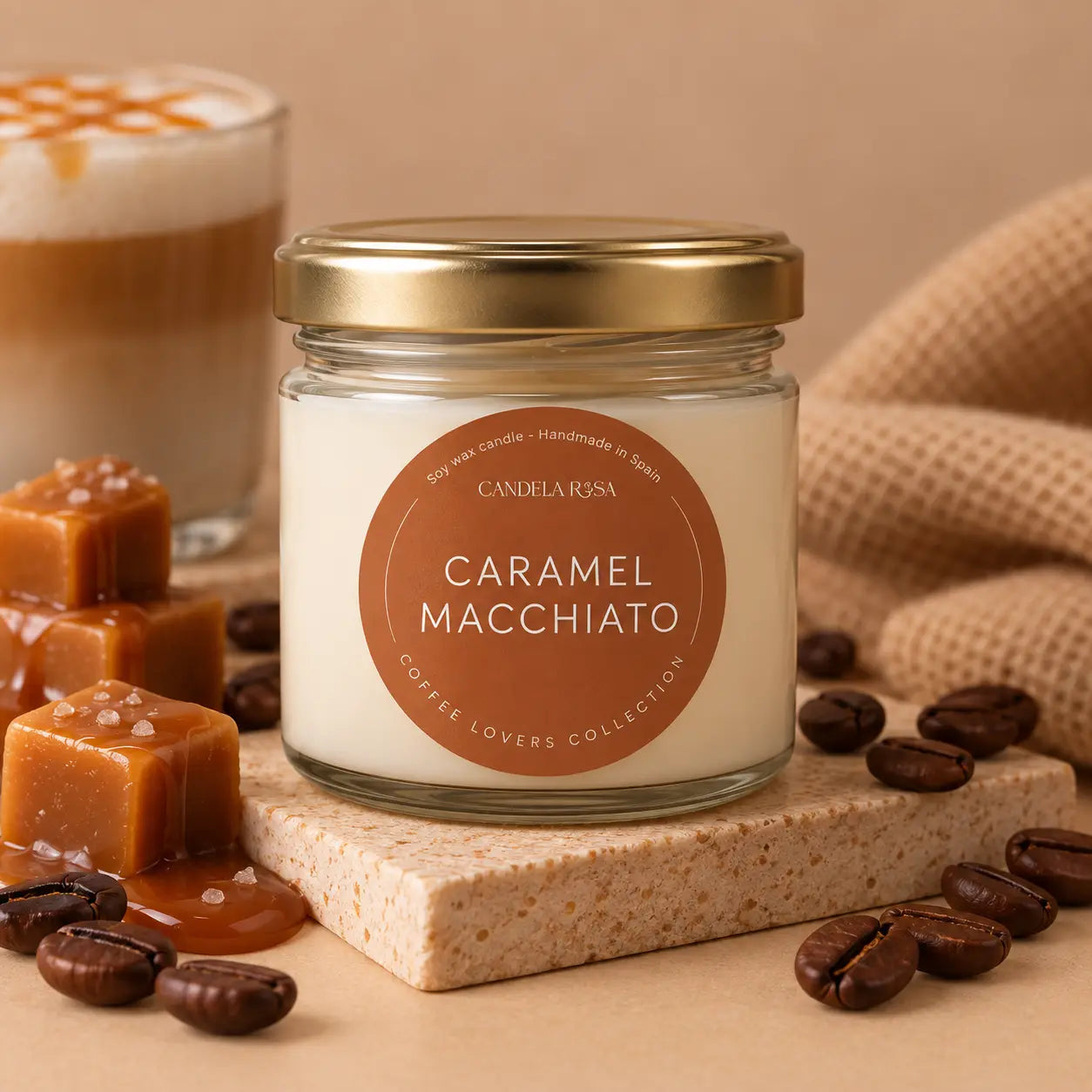Vela aromática artesanal café y caramelo | Caramel Macchiato Candela Rosa