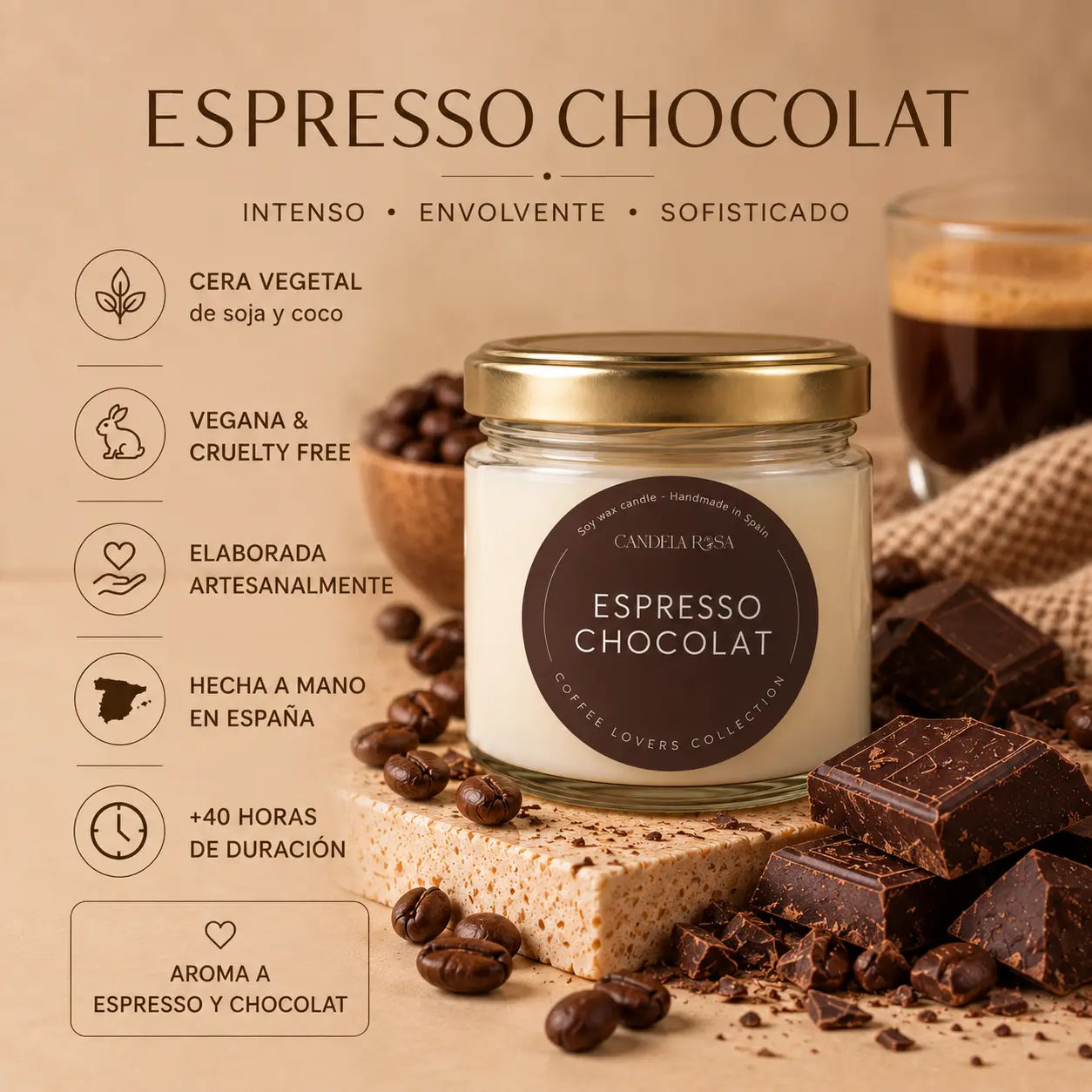 Vela aromática artesanal café y chocolate | Espresso Chocolat Candela Rosa