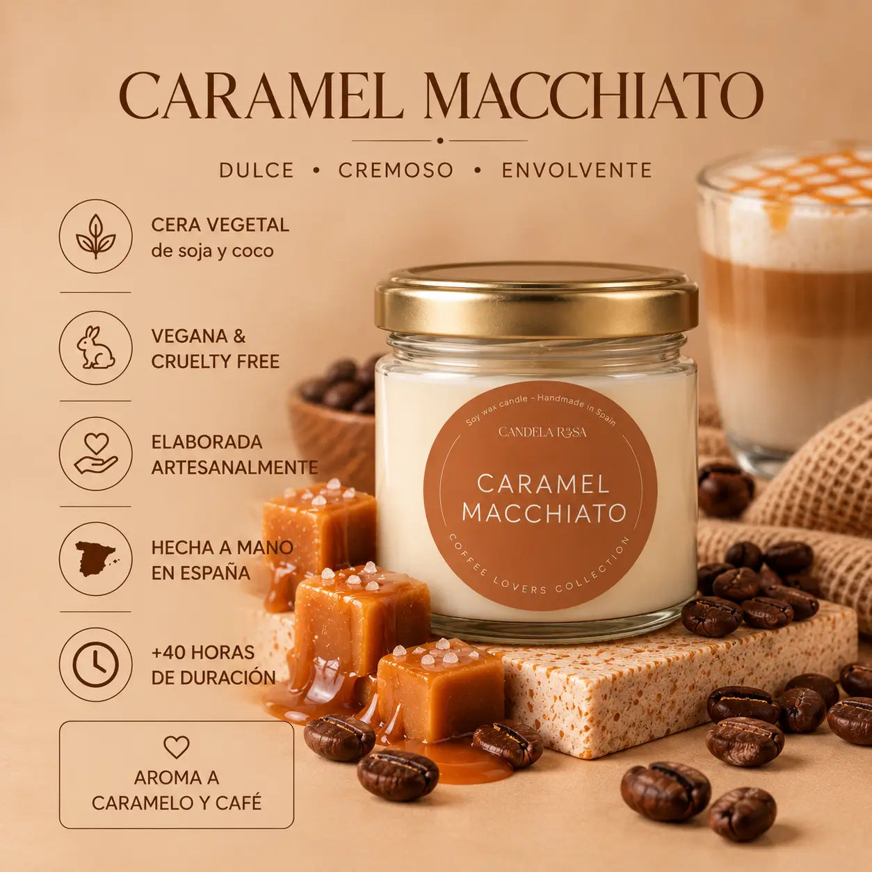 Vela aromática artesanal café y caramelo | Caramel Macchiato Candela Rosa