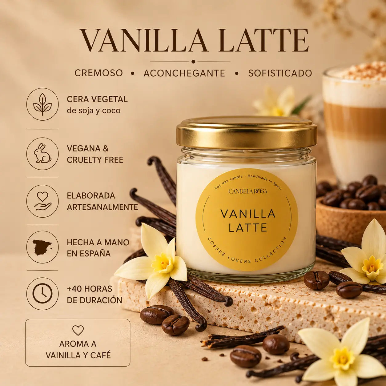 Vela aromática artesanal café y vainilla | Vanilla Latte Candela Rosa