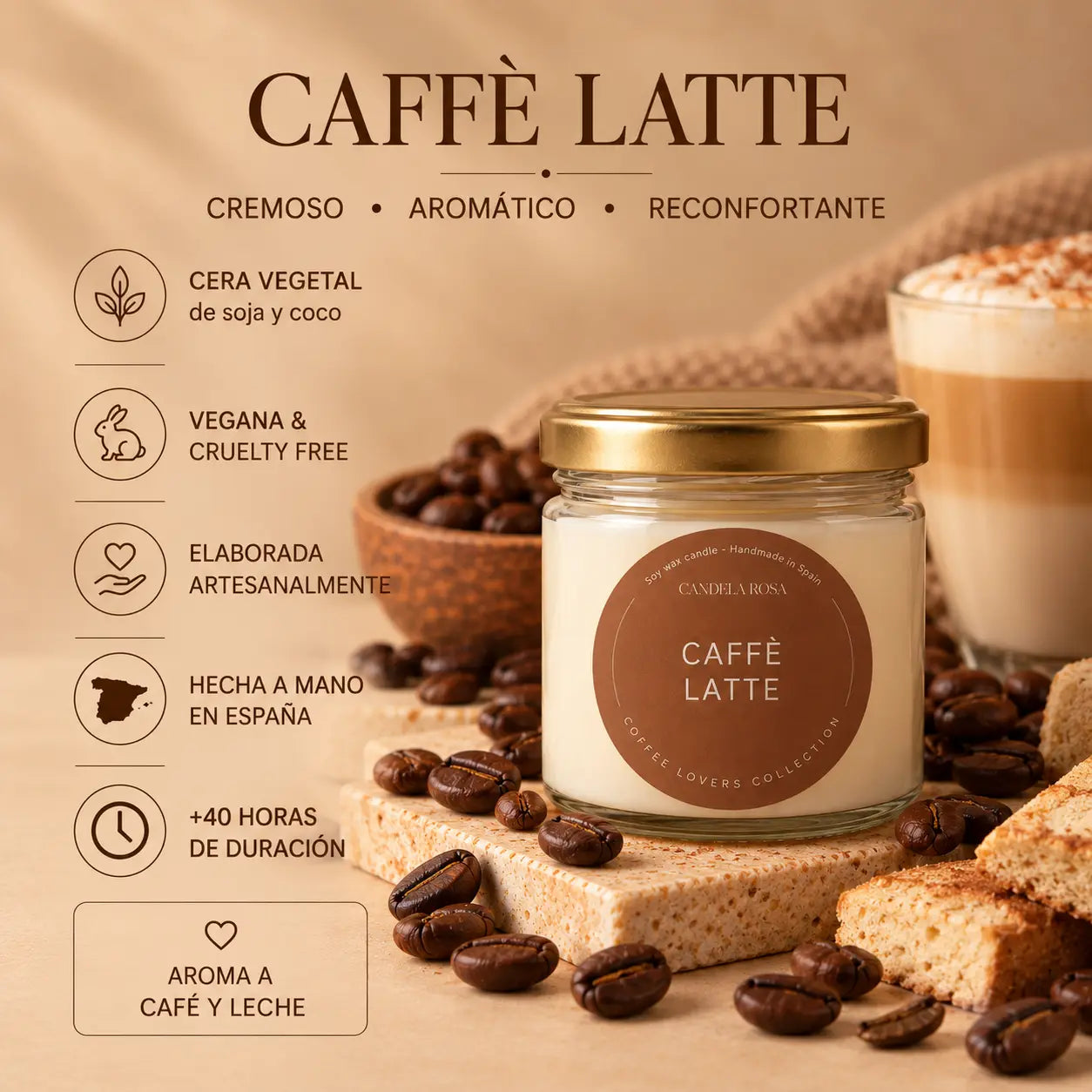 Vela aromática artesanal café con leche | Caffè Latte Candela Rosa