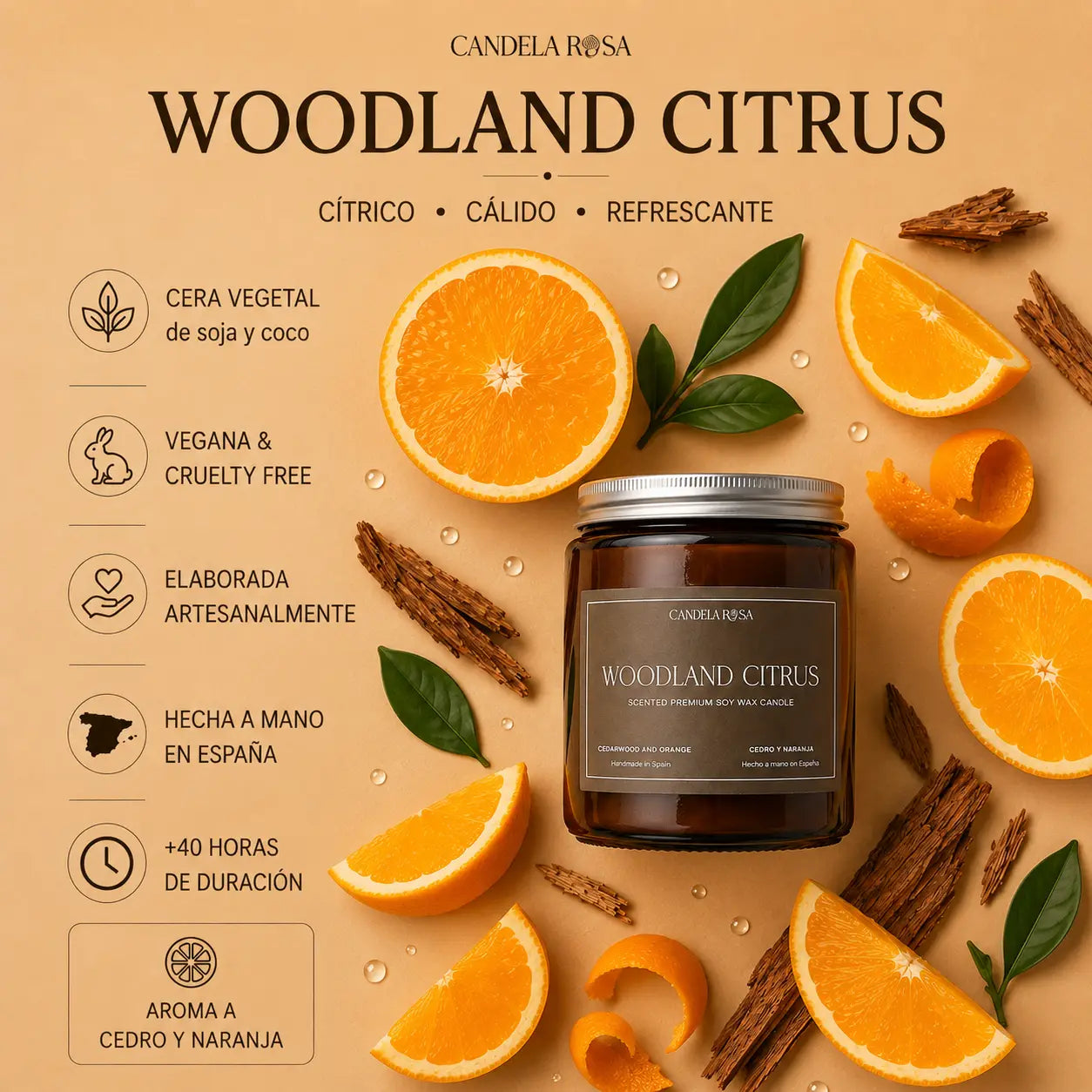 Woodland citrus: vela aromática premium cedro y naranja