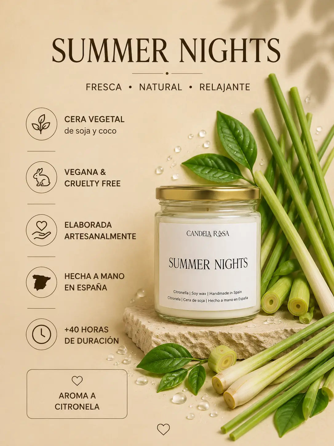 Vela aromática artesanal de citronela antimosquitos | Summer Nights