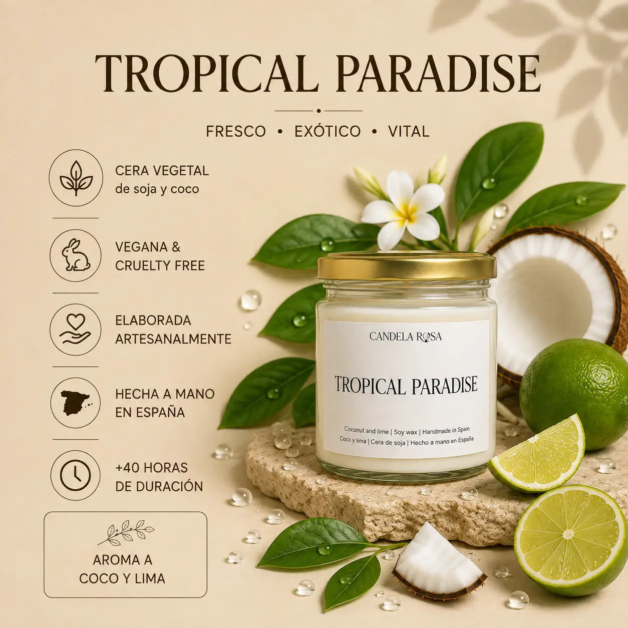 Vela aromática artesanal coco y lima | Tropical Paradise
