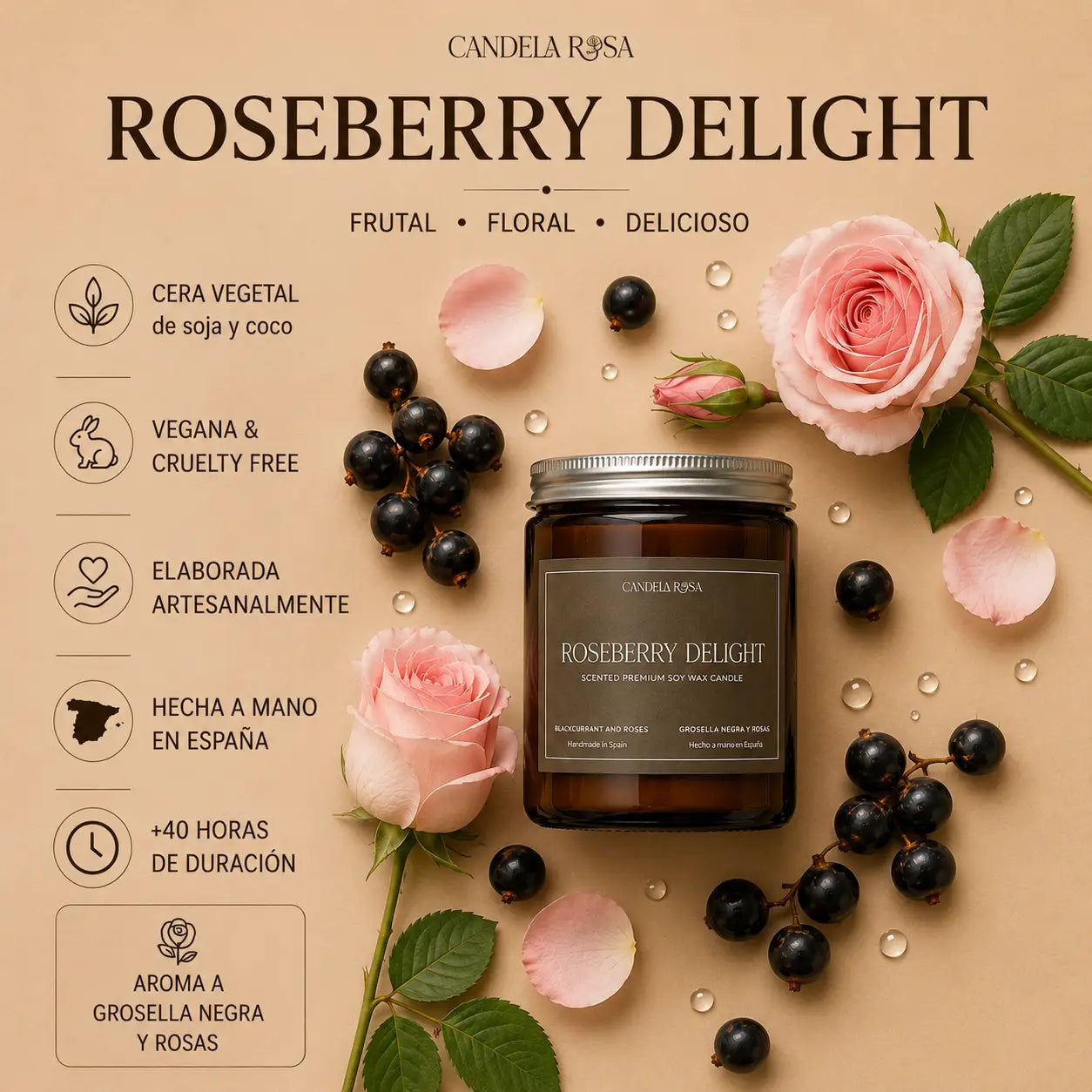 Roseberry delight: vela aromática premium grosella negra y rosas