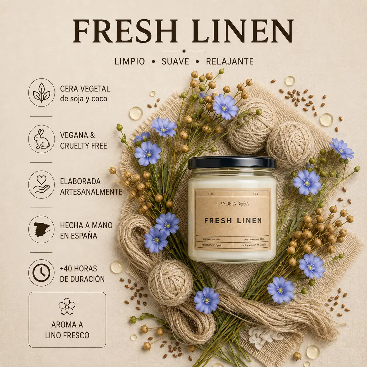 Vela aromática artesanal lino fresco | Fresh Linen