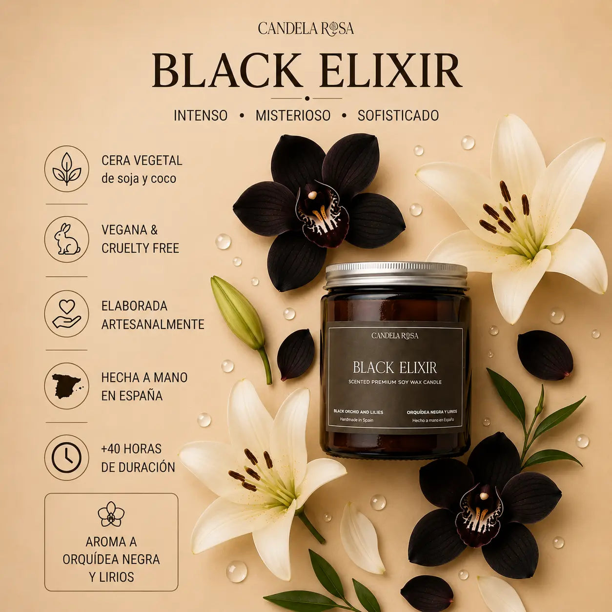 Black Elixir: vela aromática premium orquídea negra y lirios