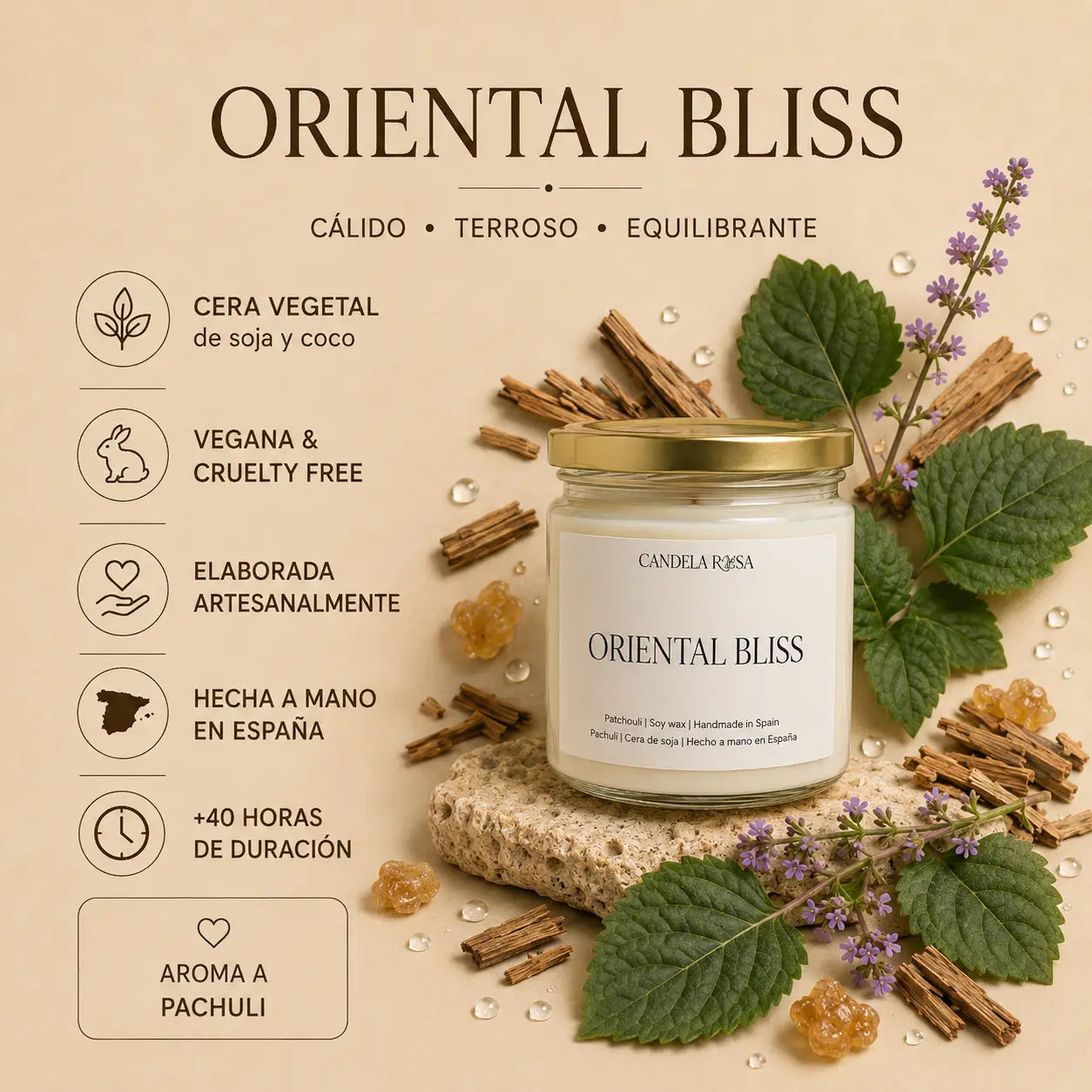 Vela aromática artesanal pachuli  | Oriental Bliss Candela Rosa