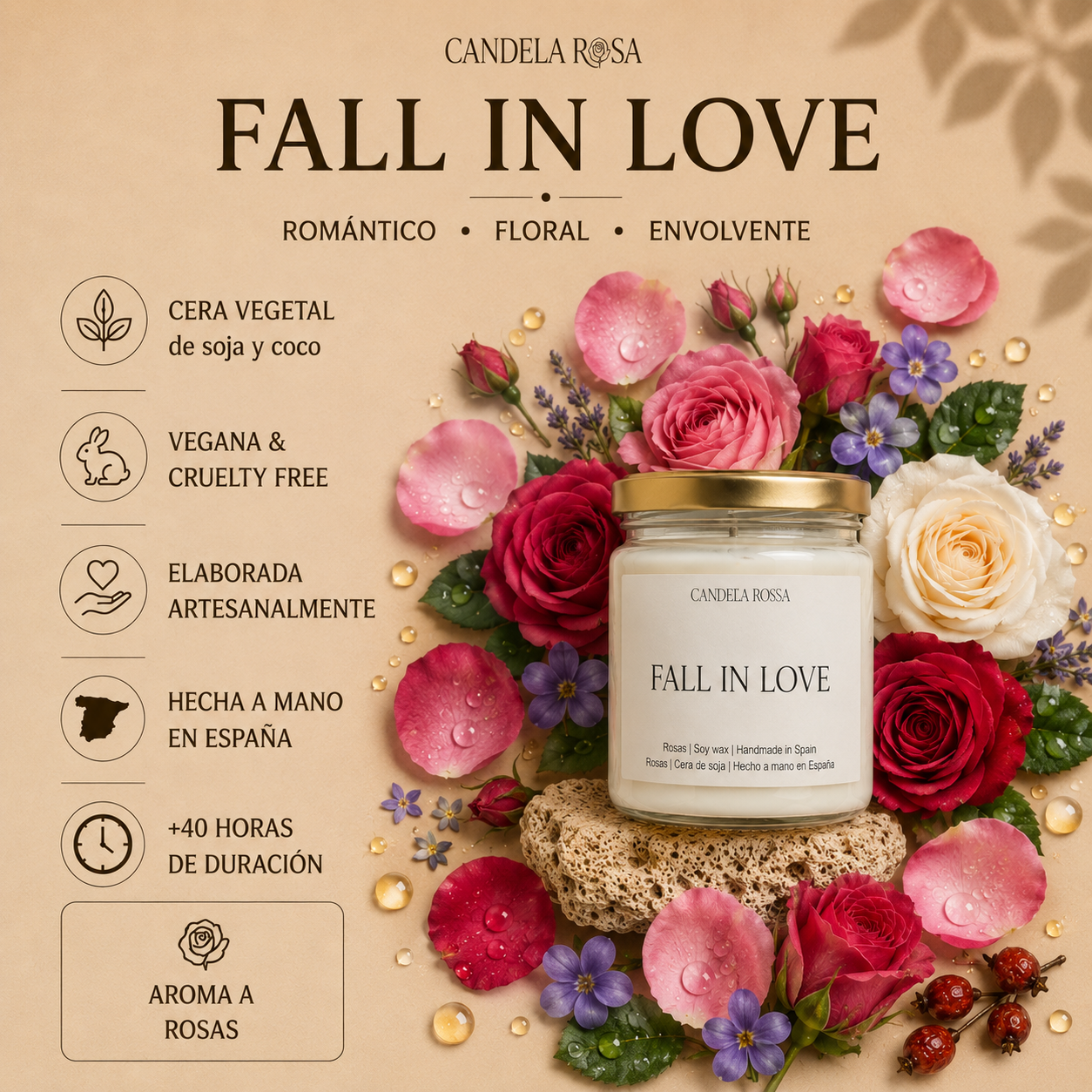 Vela aromática artesanal rosas | Fall in Love