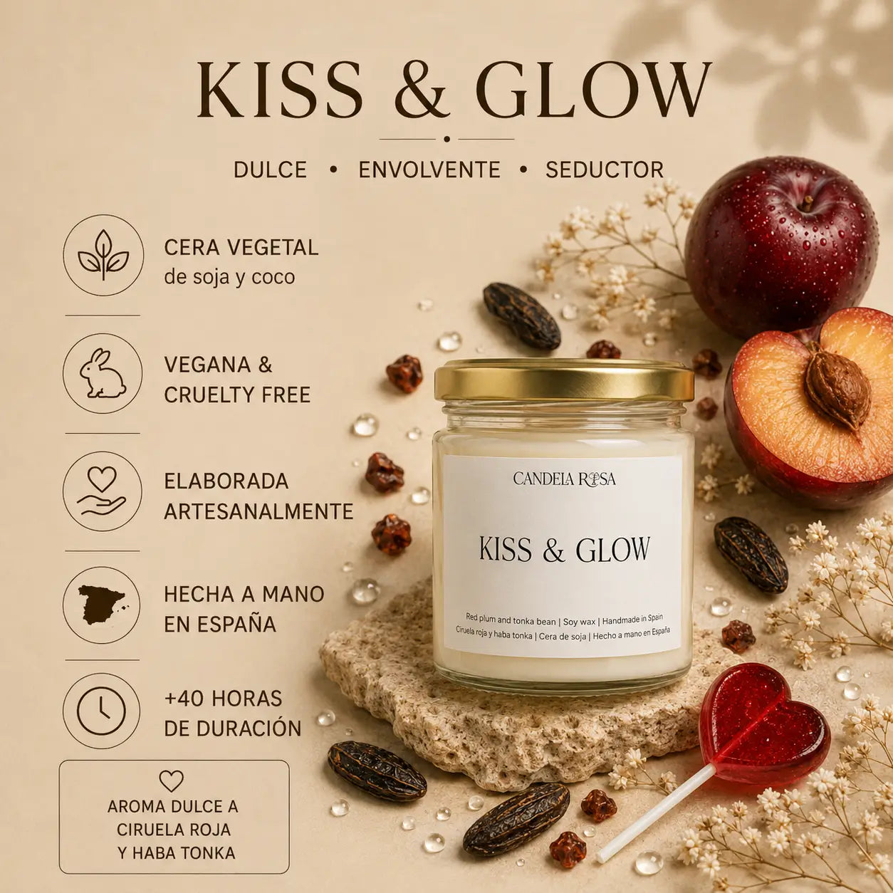Vela aromática artesanal ciruela roja y haba tonka | Kiss & Glow