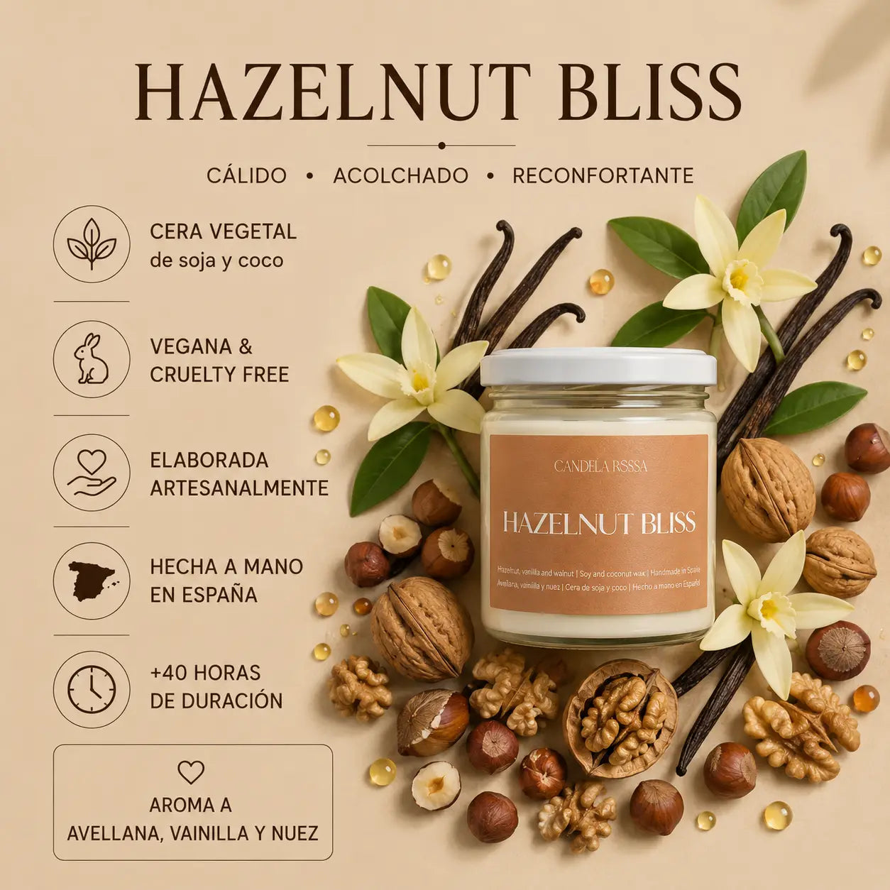 Vela aromática artesanal avellana, nueces y vainilla | Hazelnut Bliss
