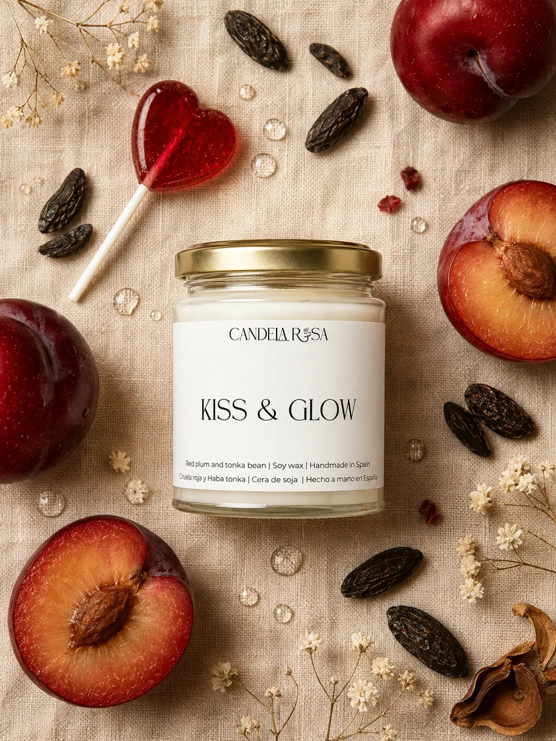 Vela aromática artesanal ciruela roja y haba tonka | Kiss & Glow