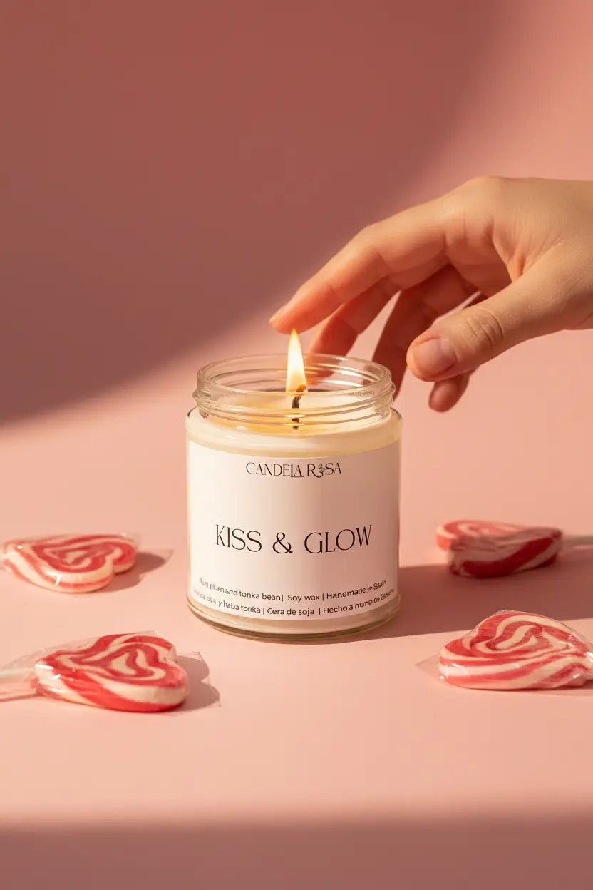 velas aroma a piruletas de cereza con forma de corazón velas veganas y sin tóxicos de Candela Rosa tienda de velas en España 