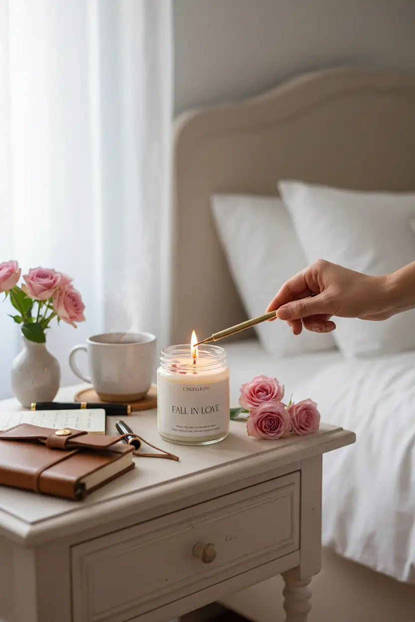 vela aroma a rosas Fall In Love , vela anti estrés , vela para regalar en san valentín , candela rosa, velas veganas y sin tóxicos , tienda de velas en españa 