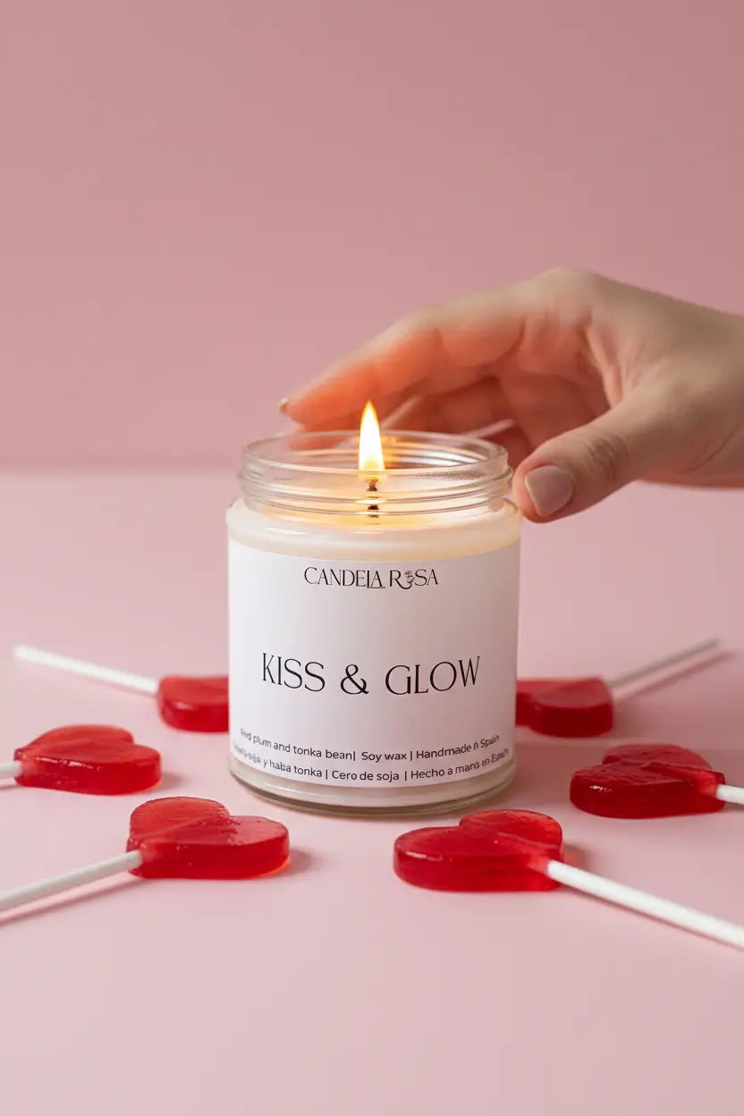 vela artesanal aroma a piruleta Kiss & Glow vela de Candela Rosa tienda de velas veganas y sin tóxicos vela san valentín 