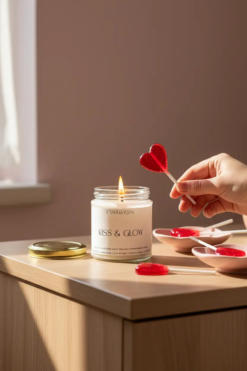 velas aroma a piruletas de cereza con forma de corazón velas veganas y sin tóxicos de Candela Rosa tienda de velas en España 