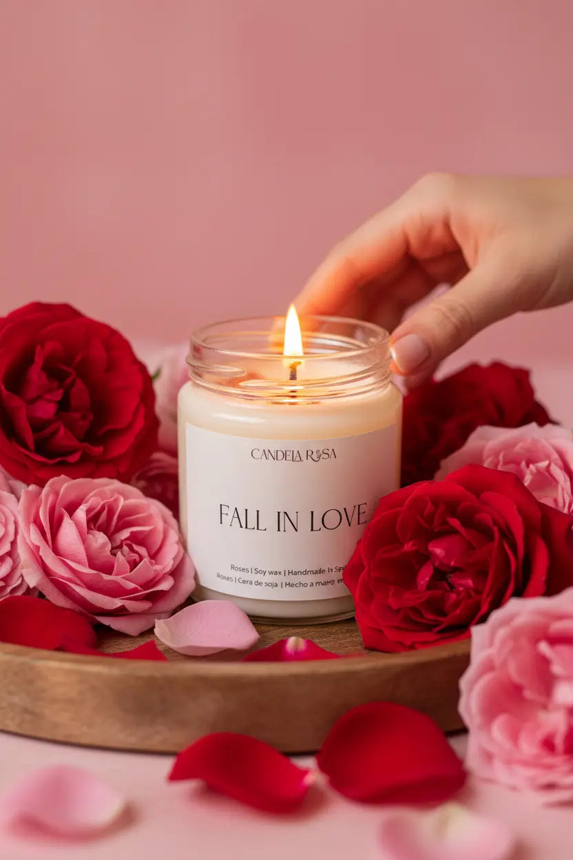 vela aroma a rosas Fall In Love , vela anti estrés , vela para regalar en san valentín , candela rosa, velas veganas y sin tóxicos , tienda de velas en españa 