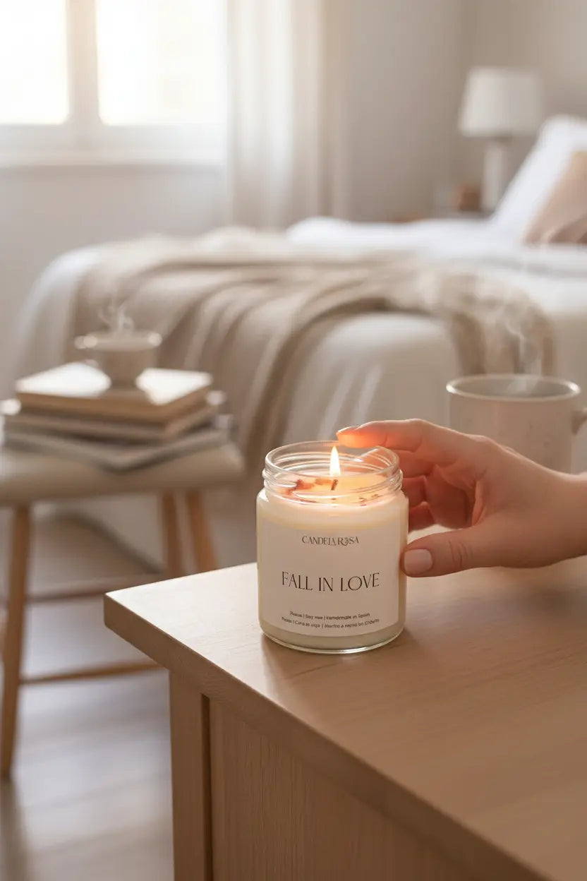 vela aroma a rosas Fall In Love , vela anti estrés , vela para regalar en san valentín , candela rosa, velas veganas y sin tóxicos , tienda de velas en españa 